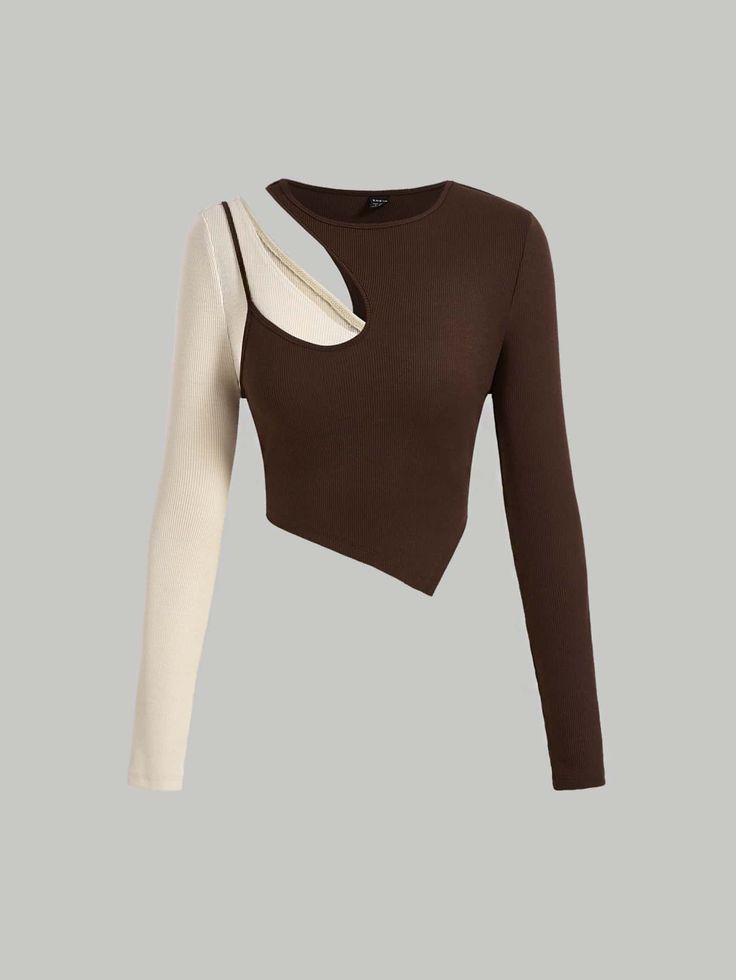 Two Tone Asymmetrical Neck Cut Out 2 In 1 Tee